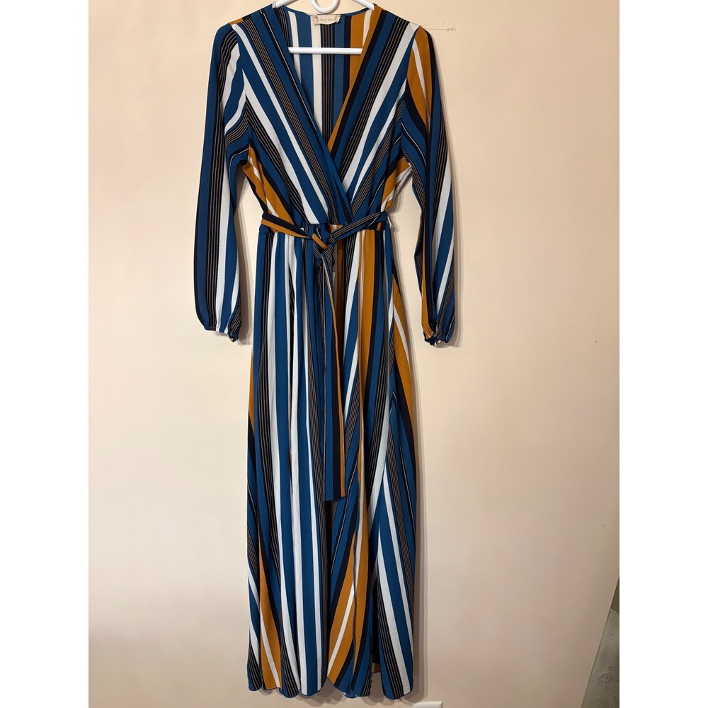 Altar'd State Striped Maxi Dress Blue Mustard Yellow Long Sleeve Wrap Front L